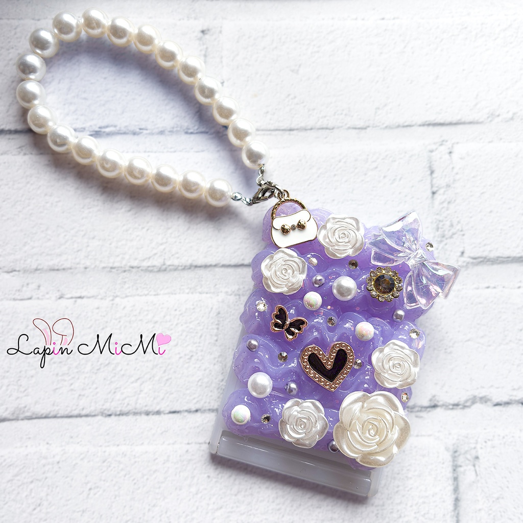 パープル ラメ入り ホイップデコ コンパクトミラー スタンドタイプ ストラップ取り付け可能 白 薔薇 きれいめ 鏡