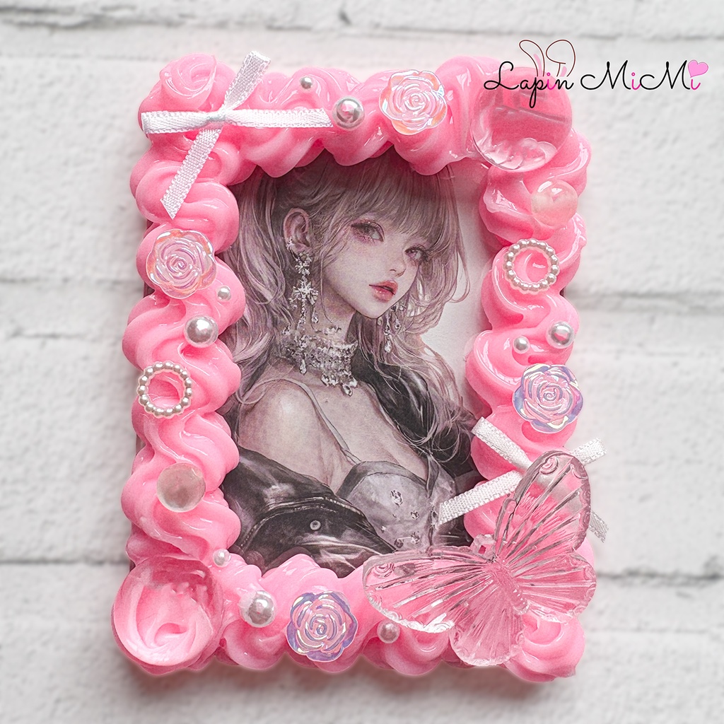 ピンク ホイップデコ B8 硬質トレカケース チェキ クリア シャボン玉風 白 リボン カード ケース