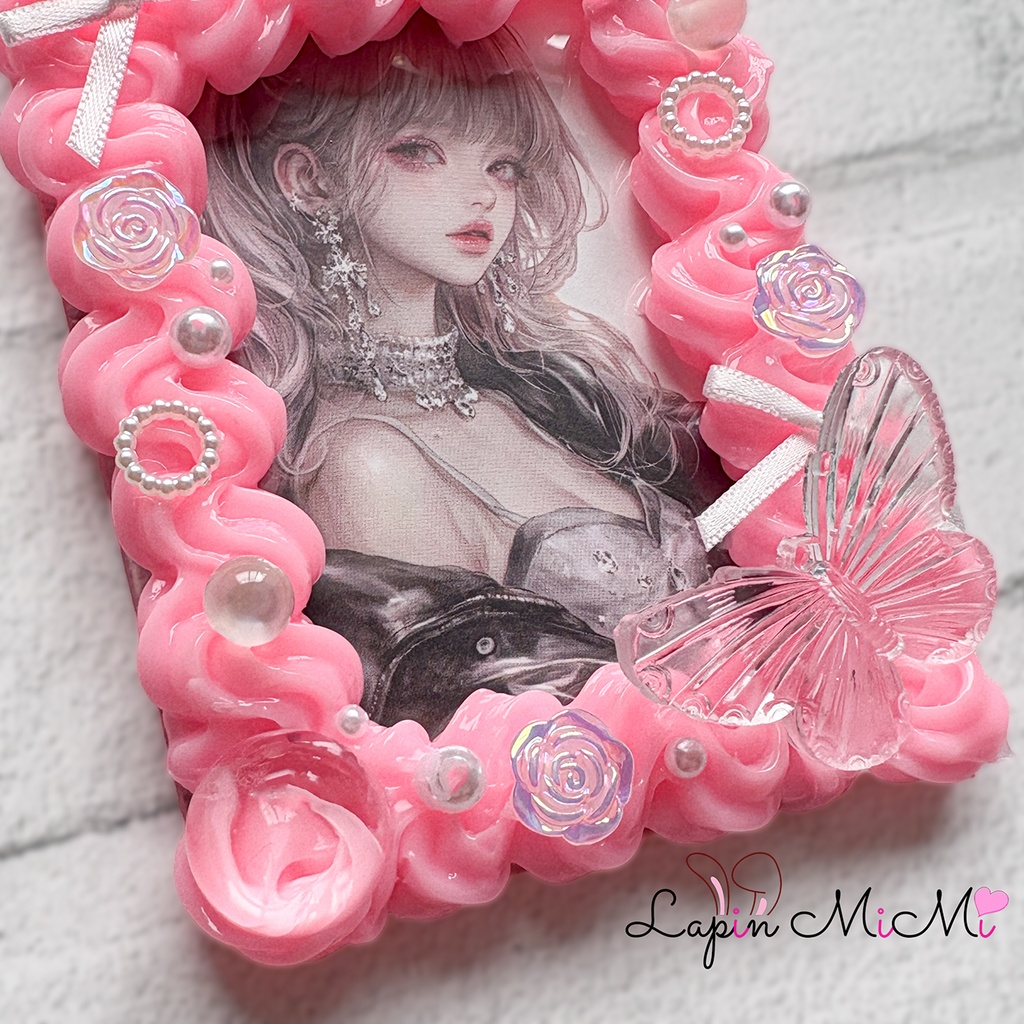 ピンク ホイップデコ B8 硬質トレカケース チェキ クリア シャボン玉風 白 リボン カード ケース