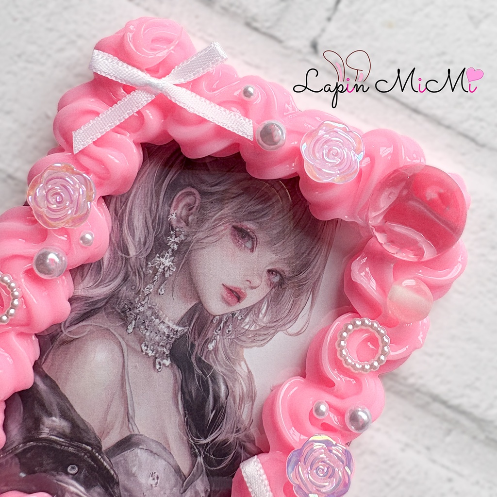 ピンク ホイップデコ B8 硬質トレカケース チェキ クリア シャボン玉風 白 リボン カード ケース