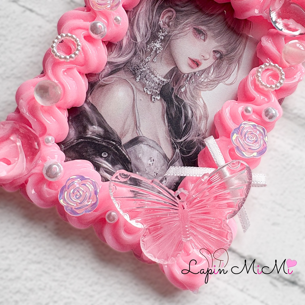 ピンク ホイップデコ B8 硬質トレカケース チェキ クリア シャボン玉風 白 リボン カード ケース