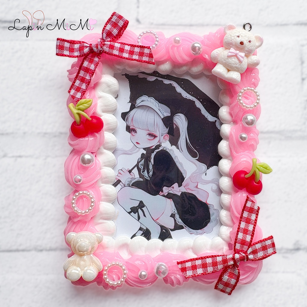 【受注製作】白 ピンク ホイップデコ 硬質トレカケース B8 チェック リボン くま ポップ かわいい チェキ カード ケース