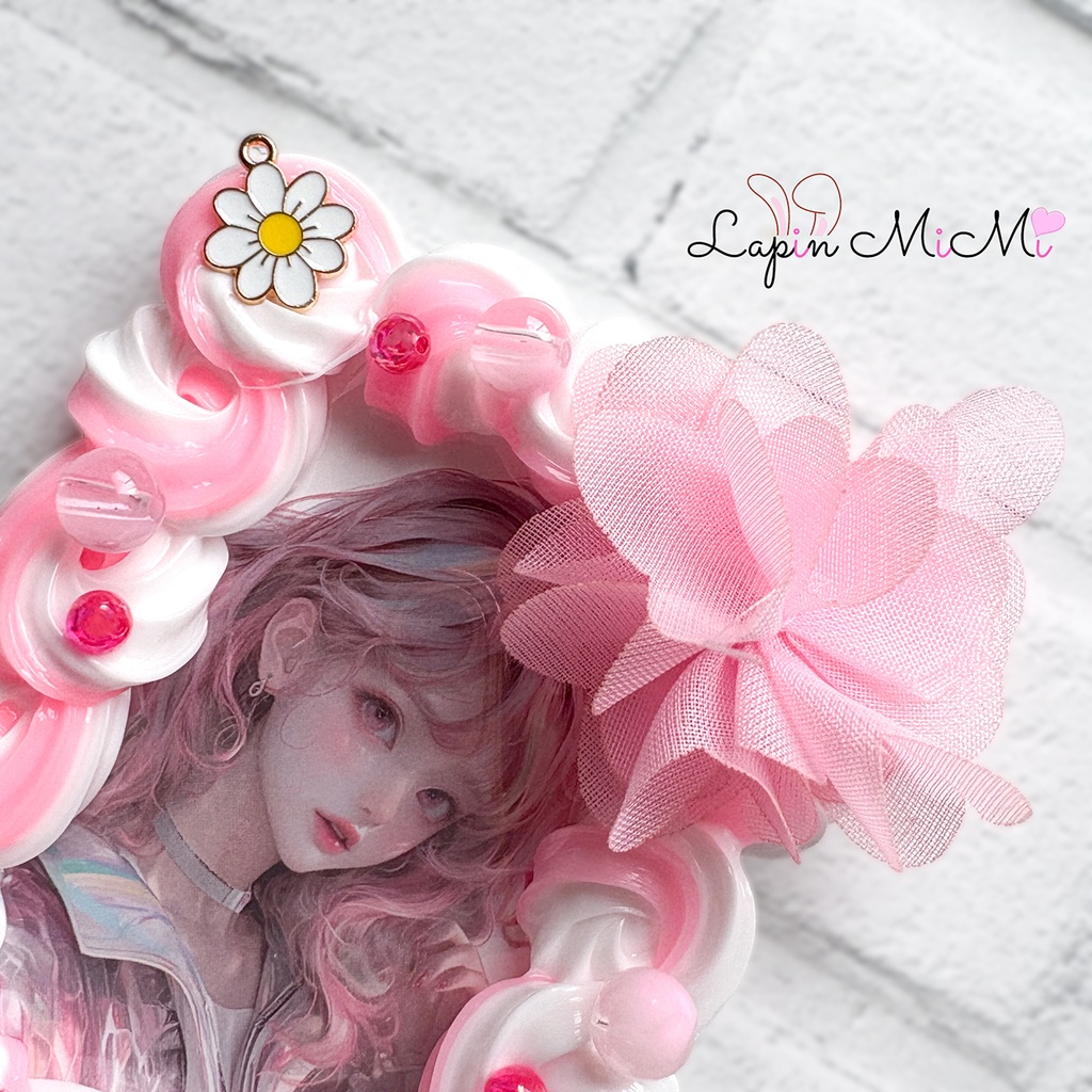 ピンク 白 ツートン ホイップデコ B8 硬質トレカケース チェキ ふんわり シフォン 花 チェック リボン かわいい カード ケース