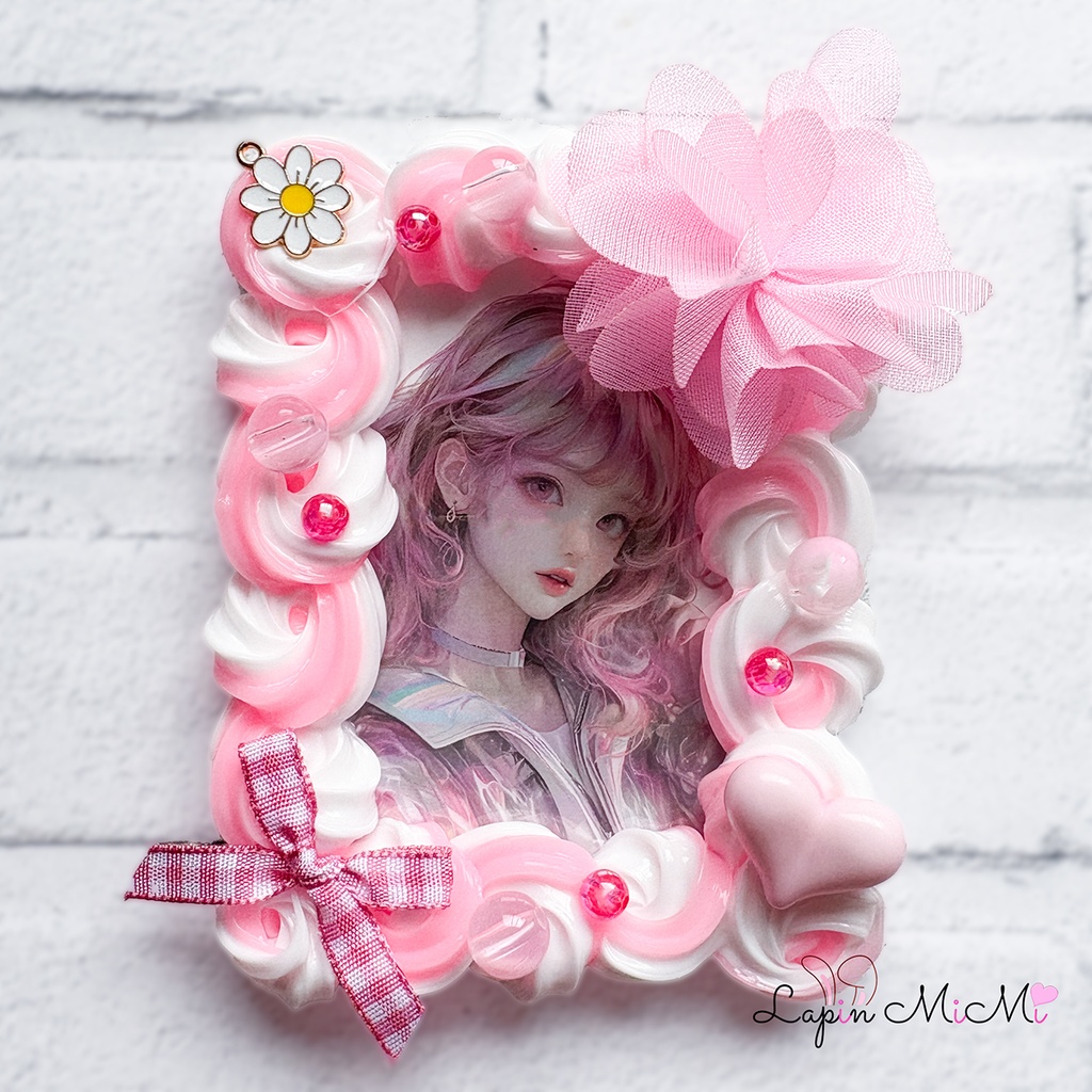 ピンク 白 ツートン ホイップデコ B8 硬質トレカケース チェキ ふんわり シフォン 花 チェック リボン かわいい カード ケース