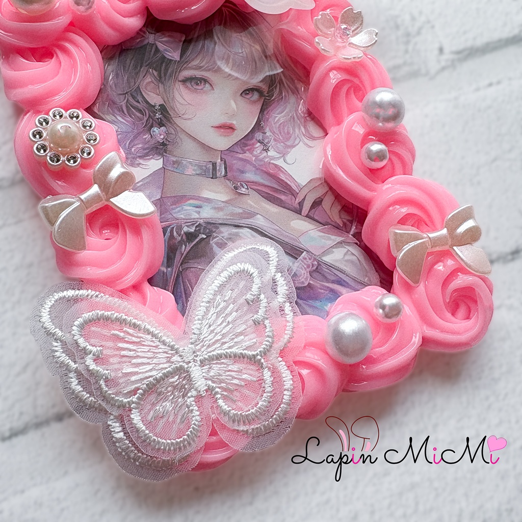 ピンク ホイップデコ 硬質トレカケース B8 チェキ 白 レース 蝶 花 リボン かわいい カード ケース