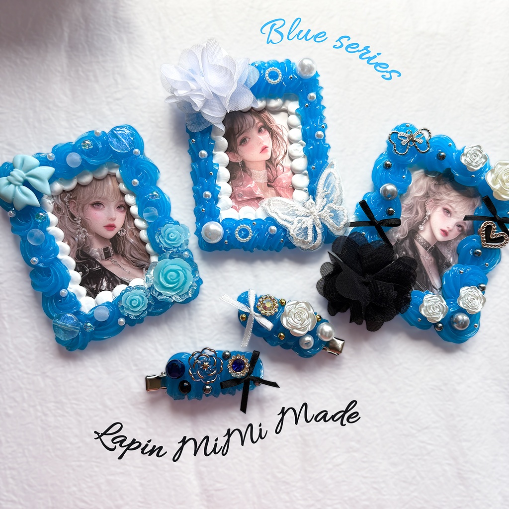 ブルー クリア ホイップデコ 硬質トレカケース B8 チェキ 黒 シフォン 花 白 薔薇 ゴシック リボン カード ケース