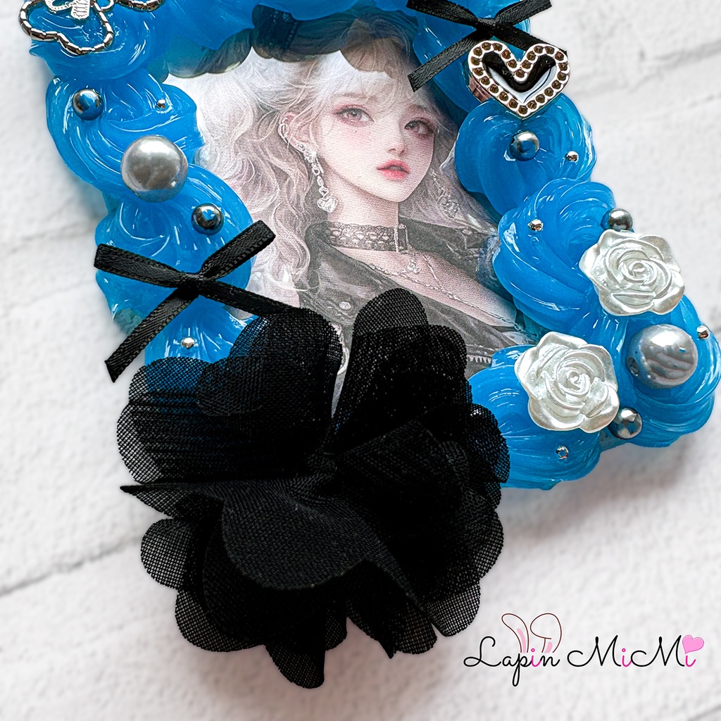 ブルー クリア ホイップデコ 硬質トレカケース B8 チェキ 黒 シフォン 花 白 薔薇 ゴシック リボン カード ケース