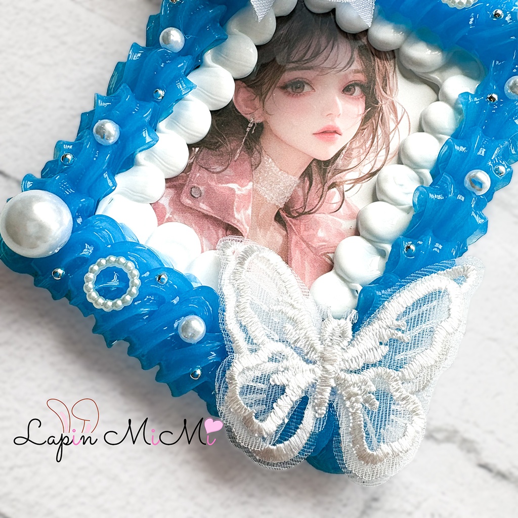 ブルー 白 ホイップデコ B8 硬質トレカケース チェキ シフォン 花 レース 蝶 パール カード ケース