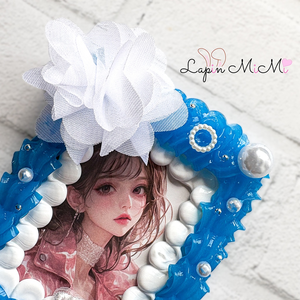 ブルー 白 ホイップデコ B8 硬質トレカケース チェキ シフォン 花 レース 蝶 パール カード ケース