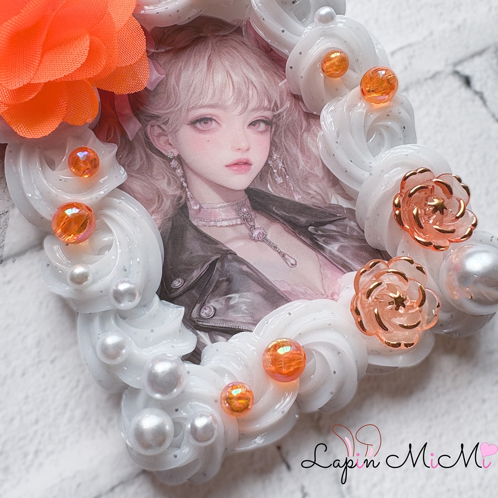 ラメ 白 クリア ホイップデコ 硬質トレカケース チェキ B8 シフォン オレンジ 薔薇 ガラスビーズ カード ケース