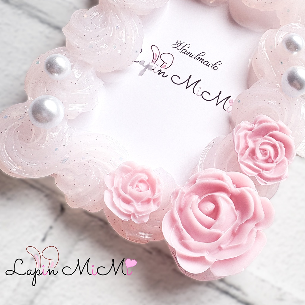 【受注製作】クリア ラメ ピンク ホイップデコ 硬質トレカケース B8 チェキ ニュアンスカラー リボン 薔薇 カード ケース