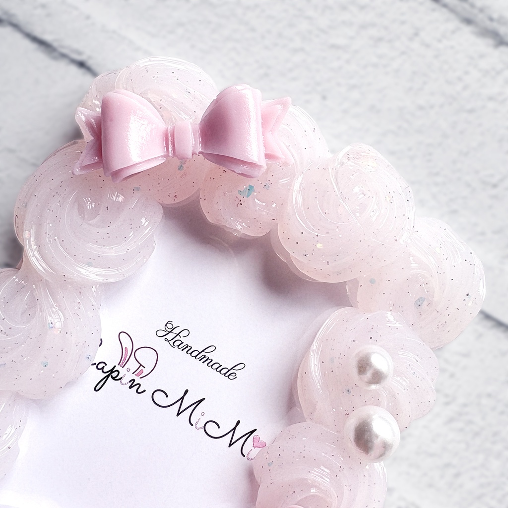 【受注製作】クリア ラメ ピンク ホイップデコ 硬質トレカケース B8 チェキ ニュアンスカラー リボン 薔薇 カード ケース