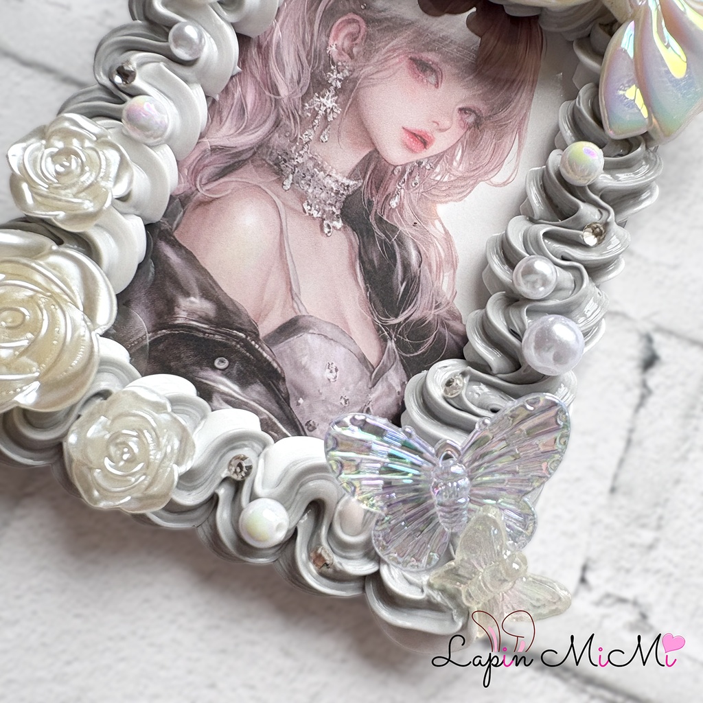 白 グレー ツートン ホイップデコ 硬質トレカケース B8 チェキ クリア 蝶 白 リボン 薔薇 カード ケース