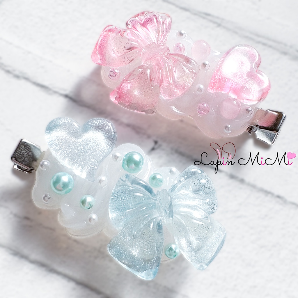 クリア ホイップデコ ヘアピン マグネット ラメ リボン ハート ヘアクリップ 2点セット ピンク ブルー