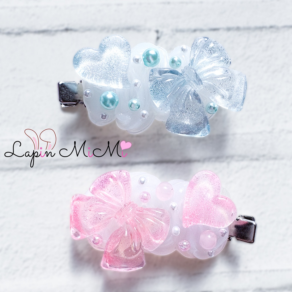 クリア ホイップデコ ヘアピン マグネット ラメ リボン ハート ヘアクリップ 2点セット ピンク ブルー