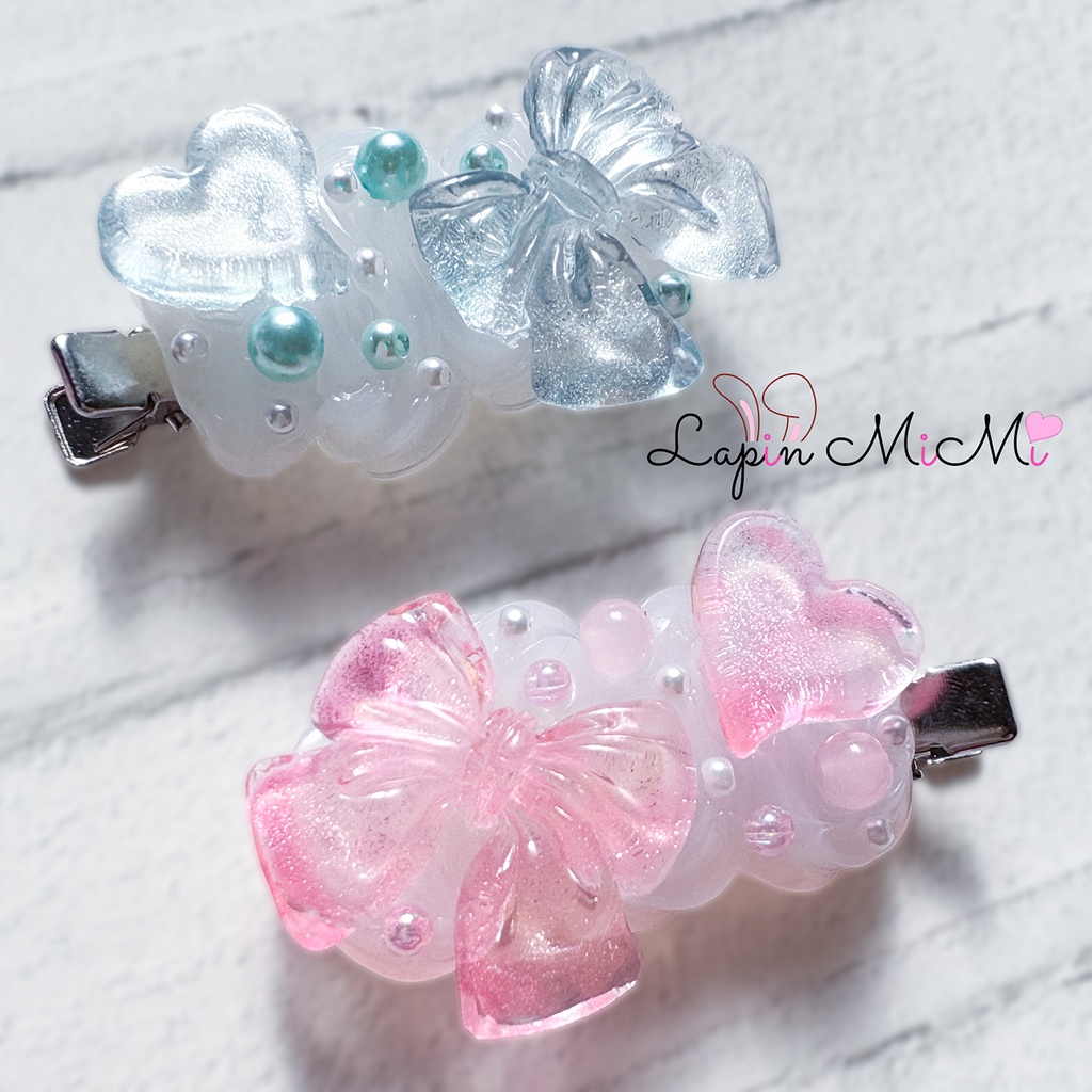 クリア ホイップデコ ヘアピン マグネット ラメ リボン ハート ヘアクリップ 2点セット ピンク ブルー