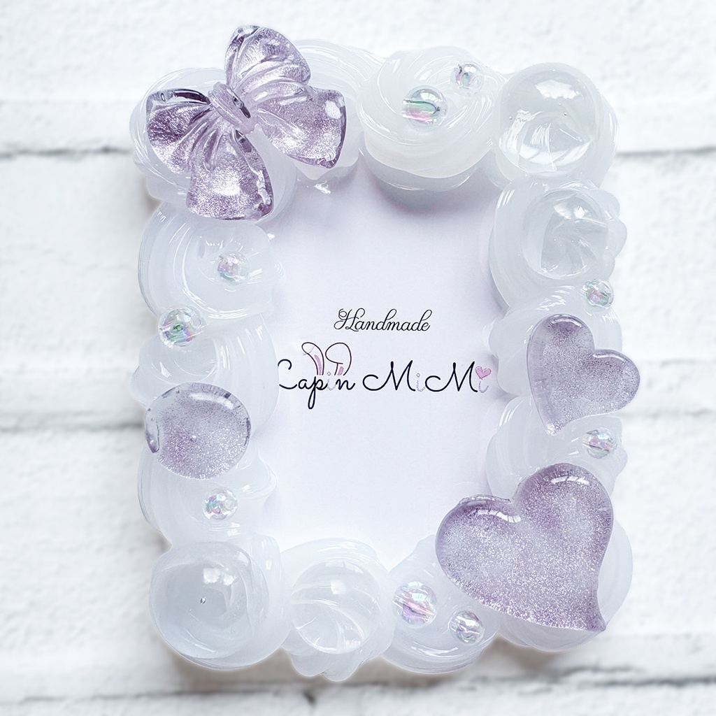 パープル クリア ホイップデコ 硬質トレカケース B8 チェキ マグネット リボン ハート 上品 カード ケース