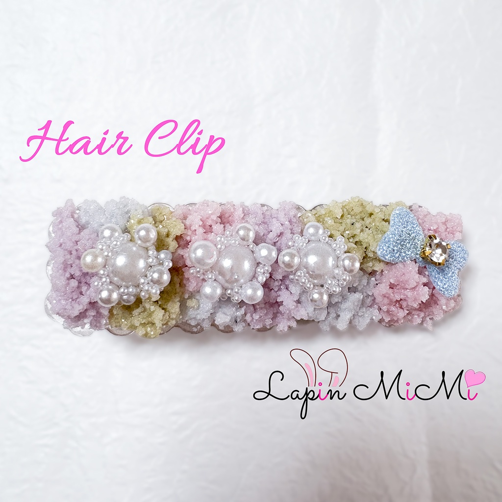 パステル もこもこ へクリップ ピン ピンク ブルー リボン ガラスビーズ レジン