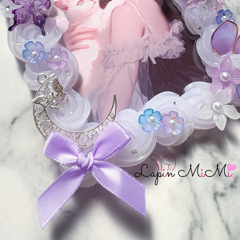 【B7】パープル クリア ホイップデコ 硬質トレカケース ポストカード ハガキ 大判 シフォン 花 リボン 月 きれいめ ケース