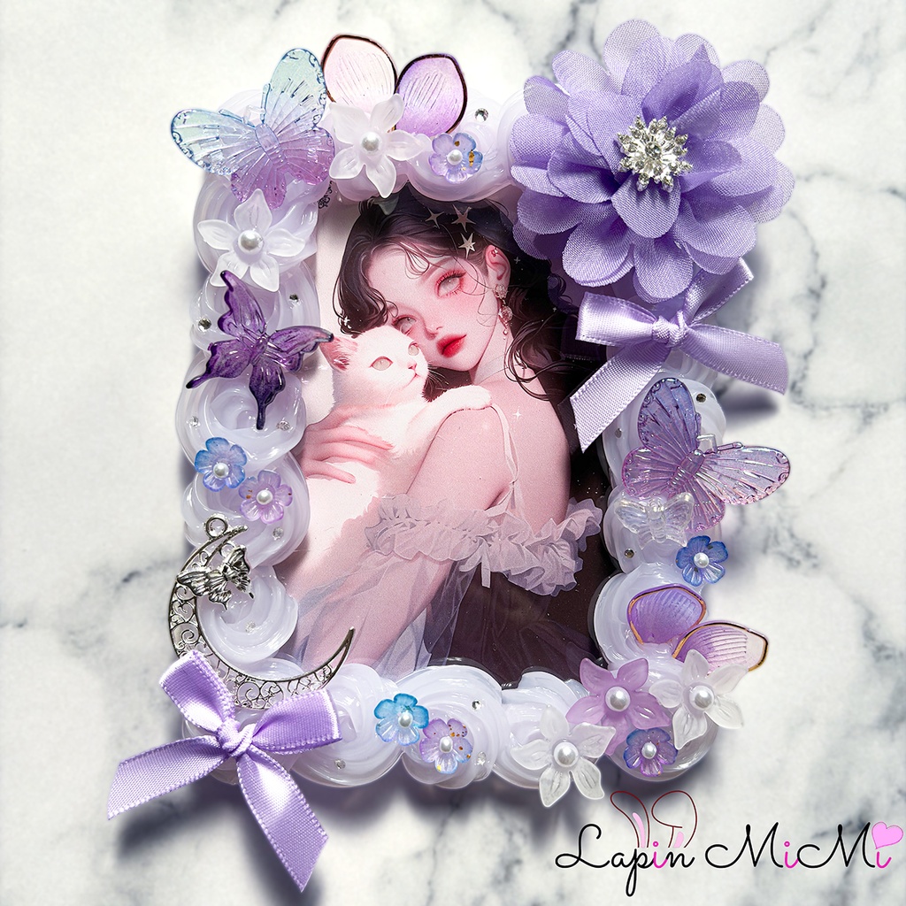 【B7】パープル クリア ホイップデコ 硬質トレカケース ポストカード ハガキ 大判 シフォン 花 リボン 月 きれいめ ケース