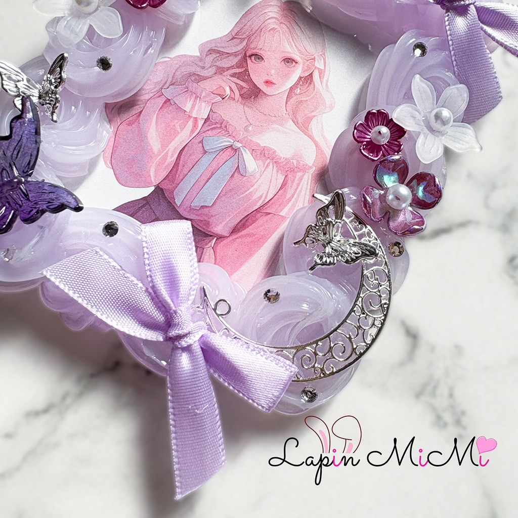 【受注製作】パープル クリア ホイップデコ 硬質トレカケース B8 サテン リボン グラデ 蝶 シルバー 月 チェキ カード ケース