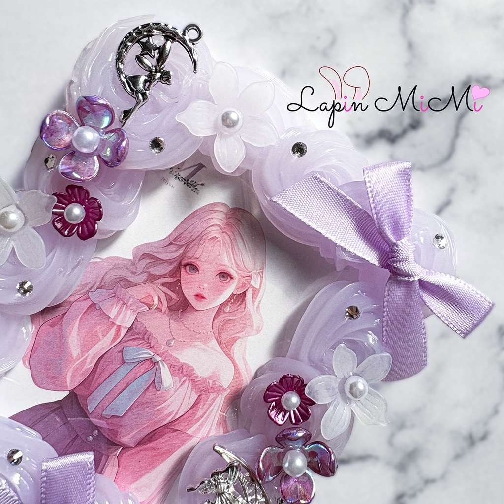 【受注製作】パープル クリア ホイップデコ 硬質トレカケース B8 サテン リボン グラデ 蝶 シルバー 月 チェキ カード ケース