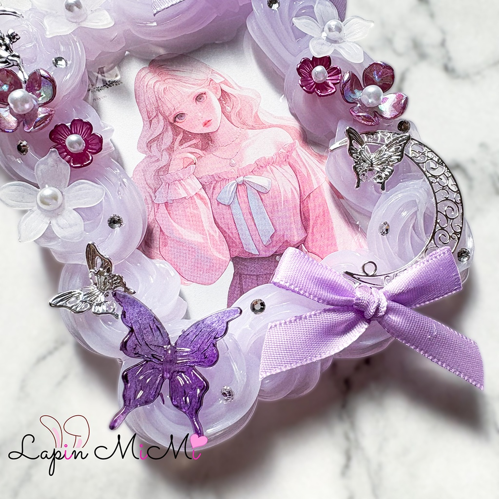 【受注製作】パープル クリア ホイップデコ 硬質トレカケース B8 サテン リボン グラデ 蝶 シルバー 月 チェキ カード ケース