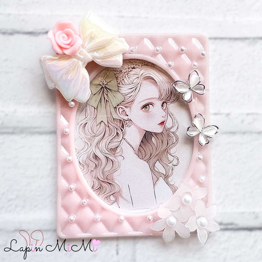 ピンク キルティング B8 硬質トレカケース レジン 白 リボン 蝶 プリンセス チェキ カード ケース