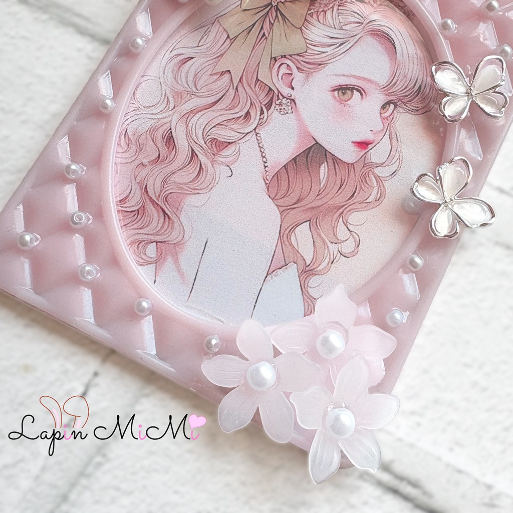 ピンク キルティング B8 硬質トレカケース レジン 白 リボン 蝶 プリンセス チェキ カード ケース