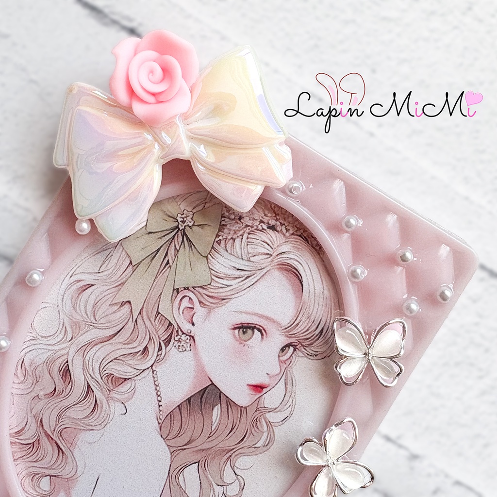 ピンク キルティング B8 硬質トレカケース レジン 白 リボン 蝶 プリンセス チェキ カード ケース