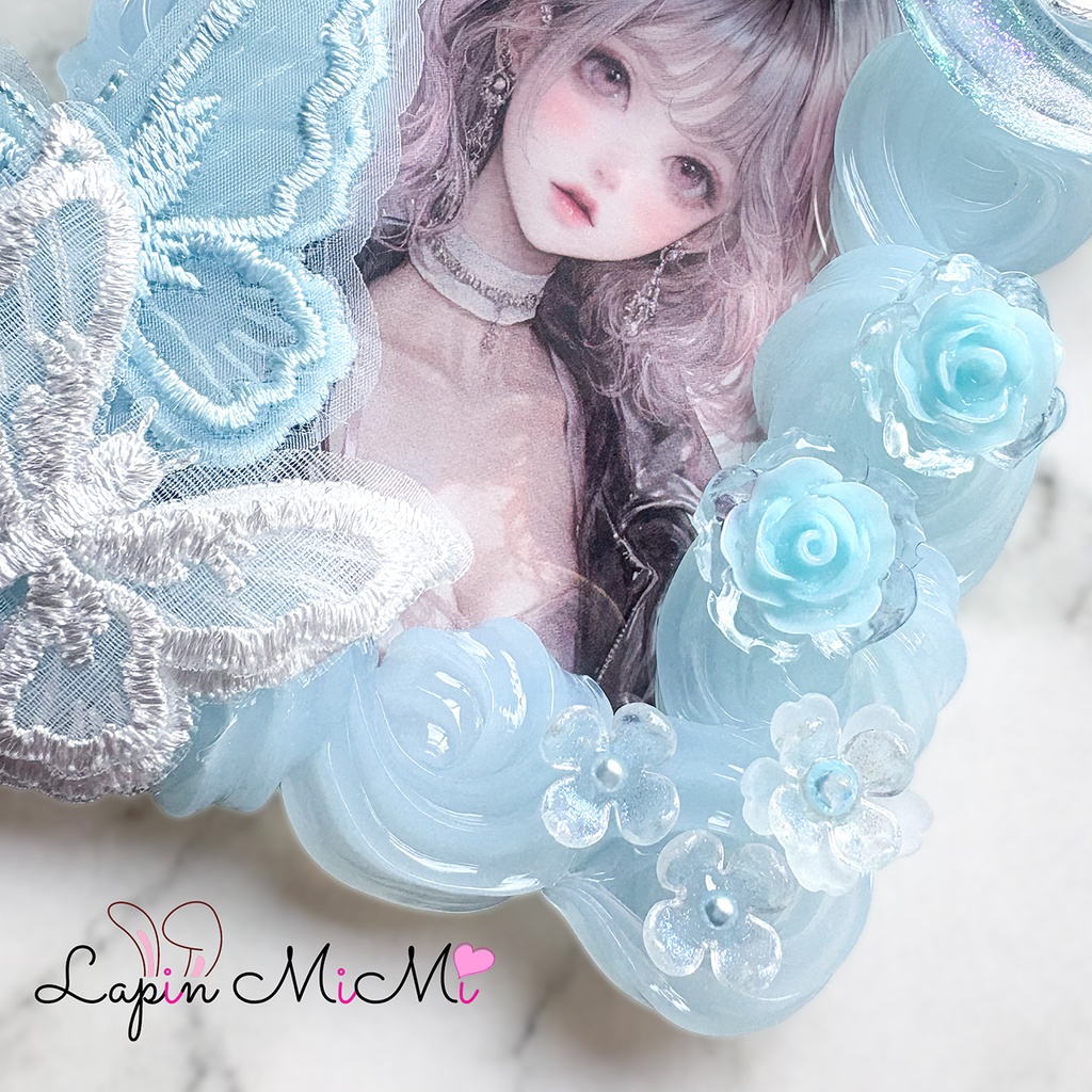 水色 クリア ホイップデコ 硬質トレカケース B8 レース 刺繍 蝶 月 マグネットジェル ラメ きれいめ カード ケース