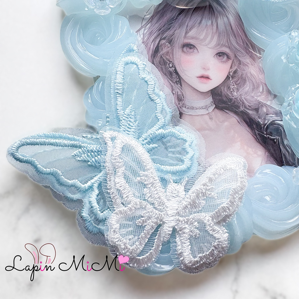 水色 クリア ホイップデコ 硬質トレカケース B8 レース 刺繍 蝶 月 マグネットジェル ラメ きれいめ カード ケース