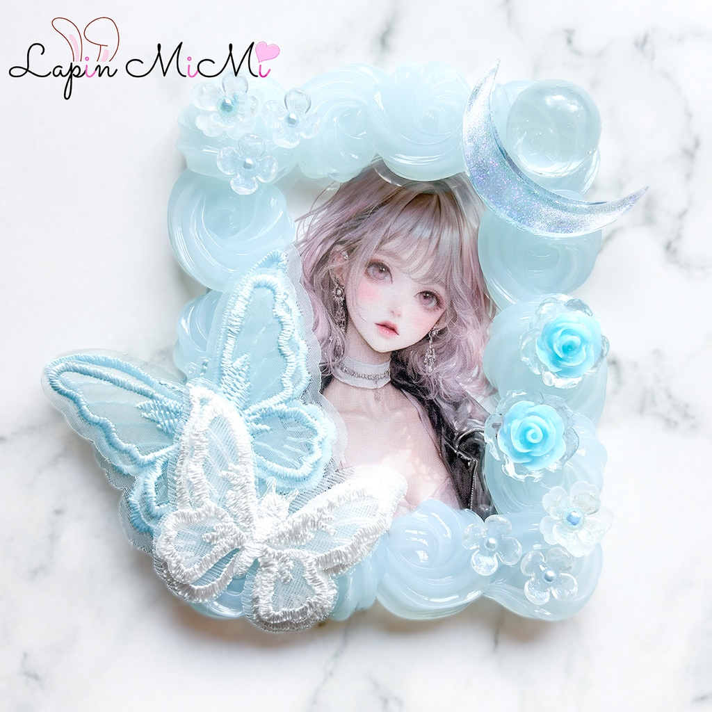 水色 クリア ホイップデコ 硬質トレカケース B8 レース 刺繍 蝶 月 マグネットジェル ラメ きれいめ カード ケース