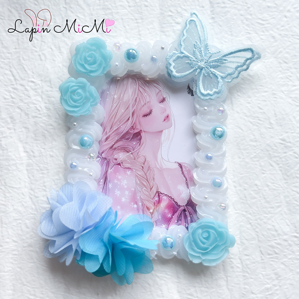 【B7】クリア ホイップデコ 硬質トレカケース 水色 ハガキ ポストカード レース 刺繍 蝶 シフォン 花 大判 ケース