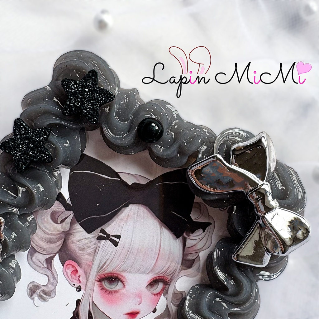 黒 クリア ラメ ホイップデコ 硬質トレカケース B8 シルバー リボン 星 花 ゴシック カード ケース