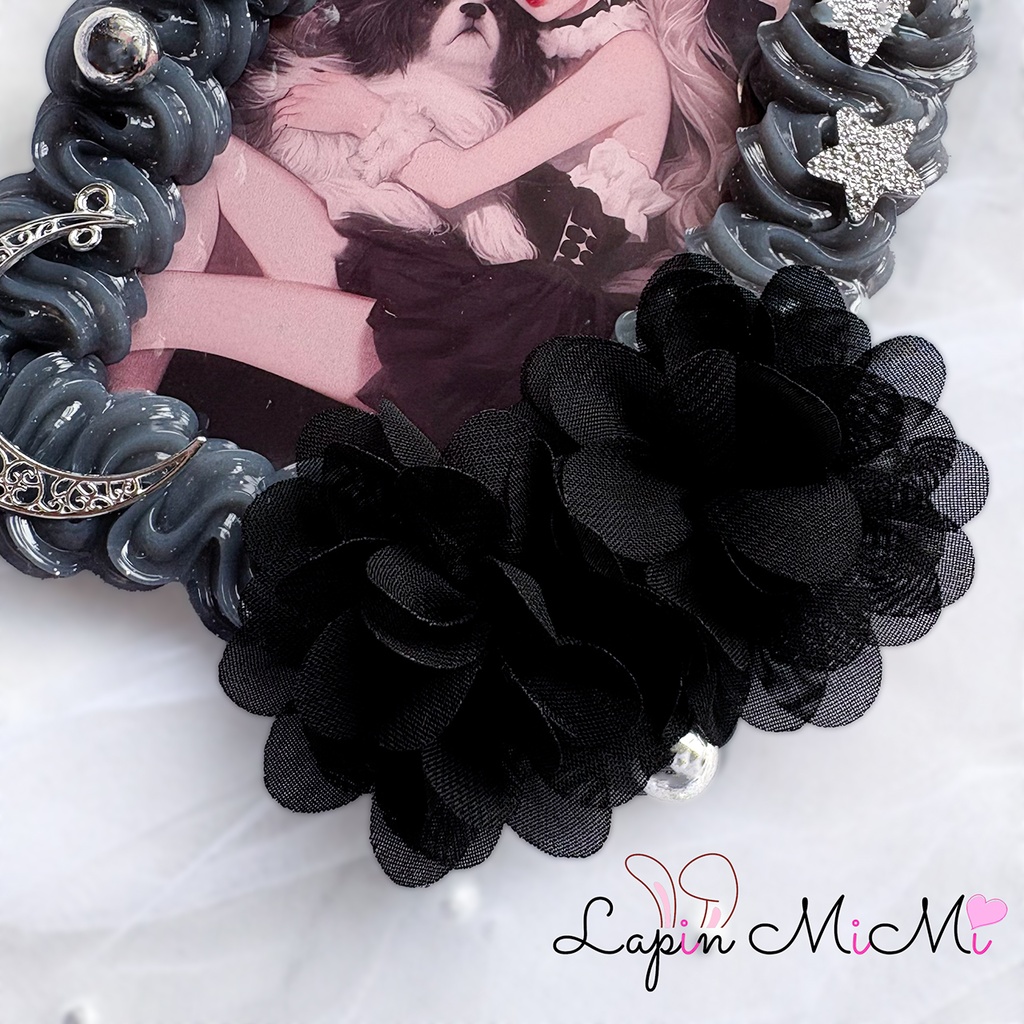 【B7】黒 クリア ラメ ホイップデコ 硬質トレカケース 大判 L版 ハガキ ポストカード シルバー 月 ハート ゴシック カード ケース