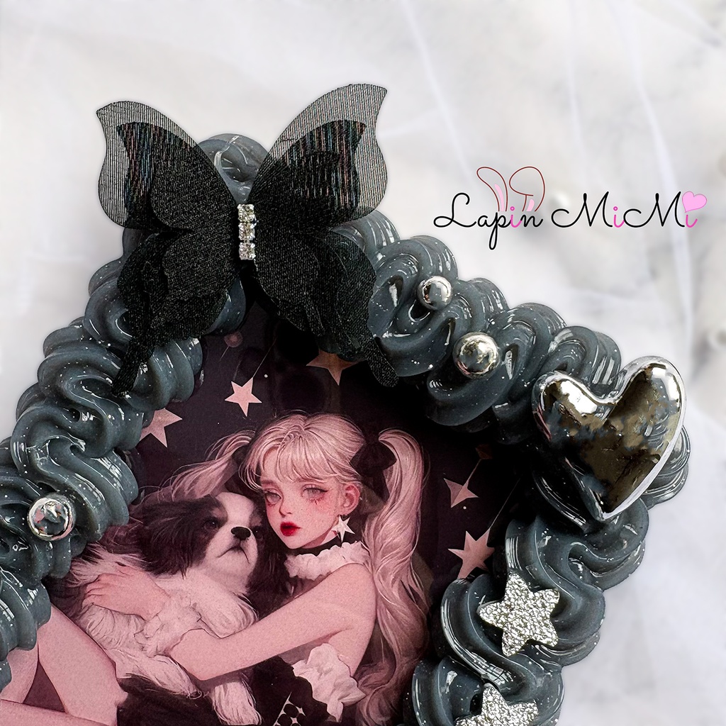 【B7】黒 クリア ラメ ホイップデコ 硬質トレカケース 大判 L版 ハガキ ポストカード シルバー 月 ハート ゴシック カード ケース