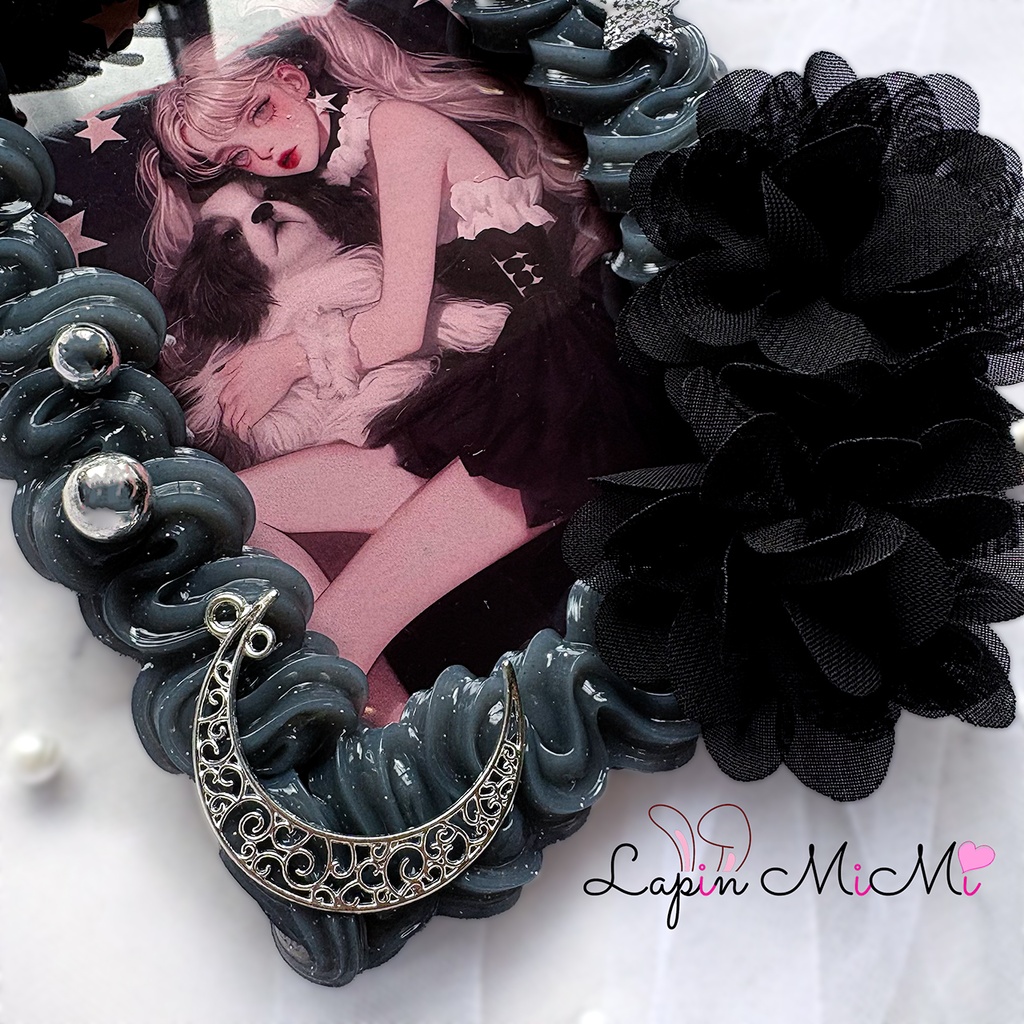 【B7】黒 クリア ラメ ホイップデコ 硬質トレカケース 大判 L版 ハガキ ポストカード シルバー 月 ハート ゴシック カード ケース