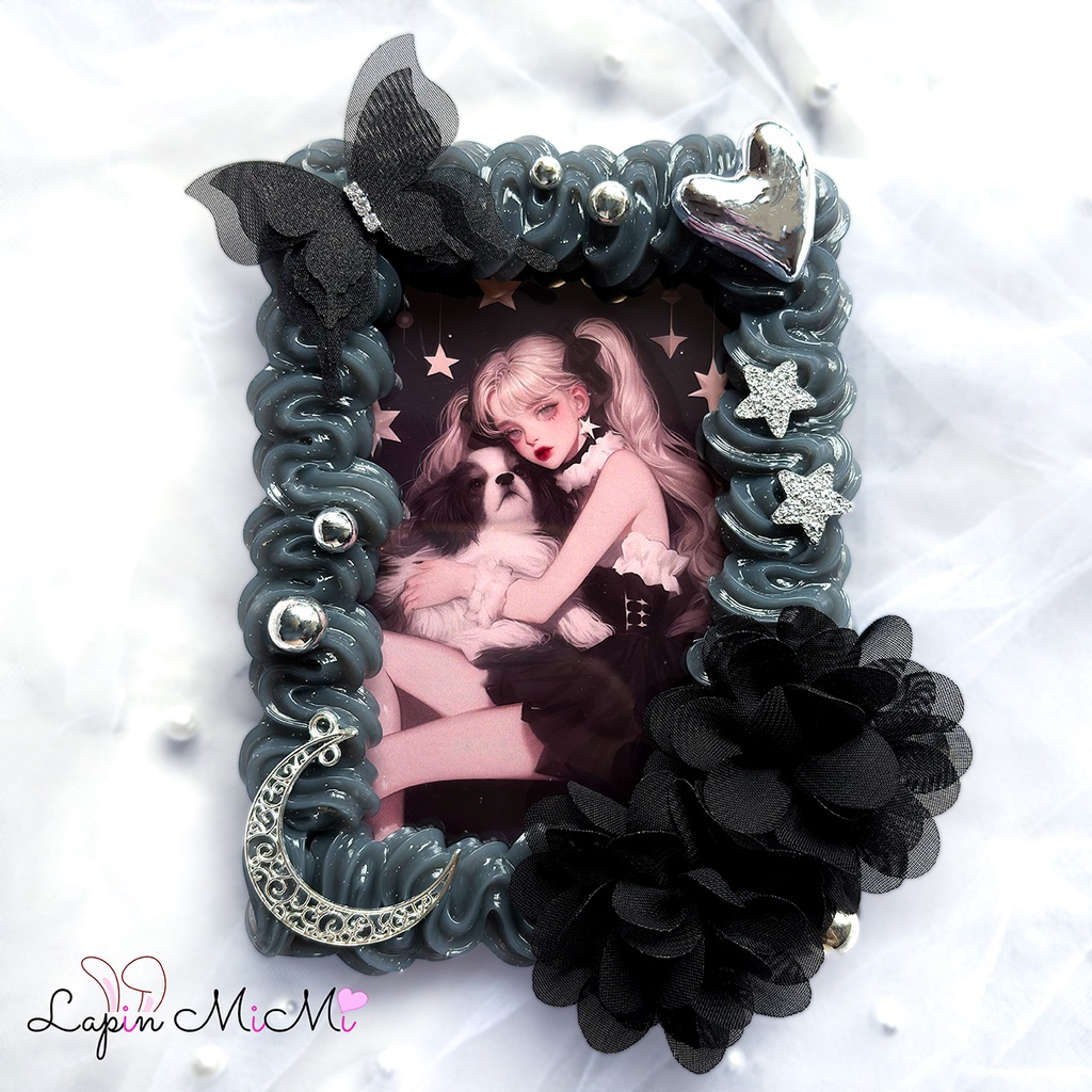 【B7】黒 クリア ラメ ホイップデコ 硬質トレカケース 大判 L版 ハガキ ポストカード シルバー 月 ハート ゴシック カード ケース