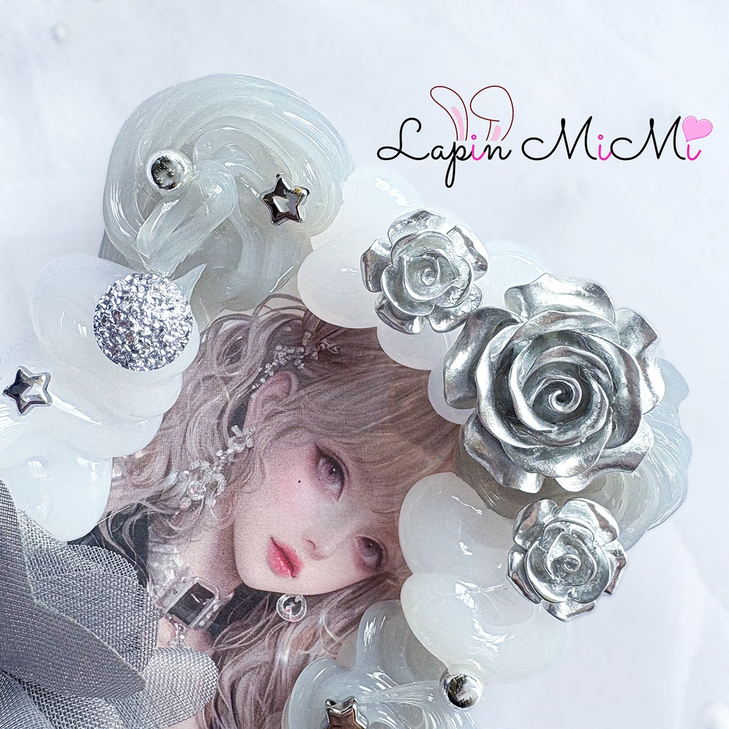 グレー × クリア ホイップデコ 硬質トレカケース シルバー 薔薇 星 ビーズ シフォン 花 きれいめ カード ケース