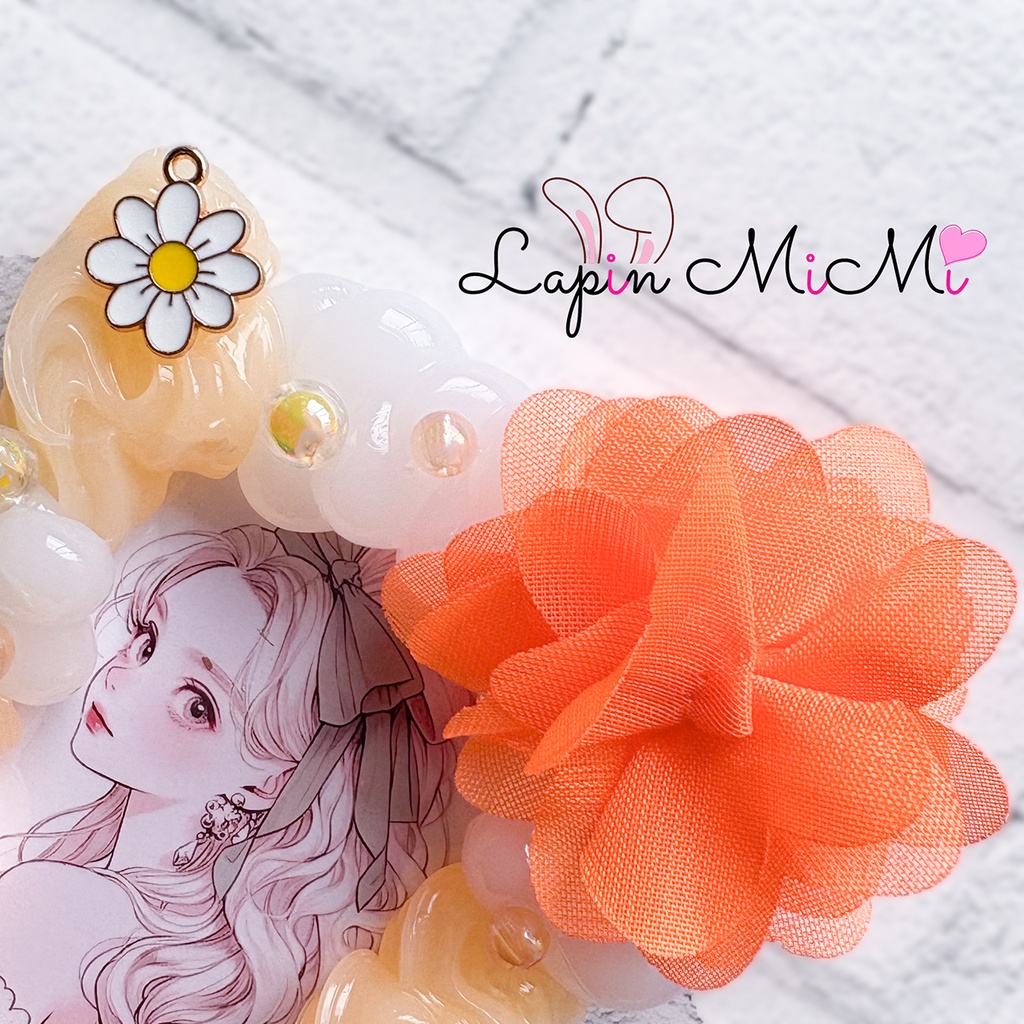 【バッグチャーム取り付け可】オレンジ × クリア ホイップデコ 硬質トレカケース 薔薇 シフォン 花 ガラスビーズ カード ケース