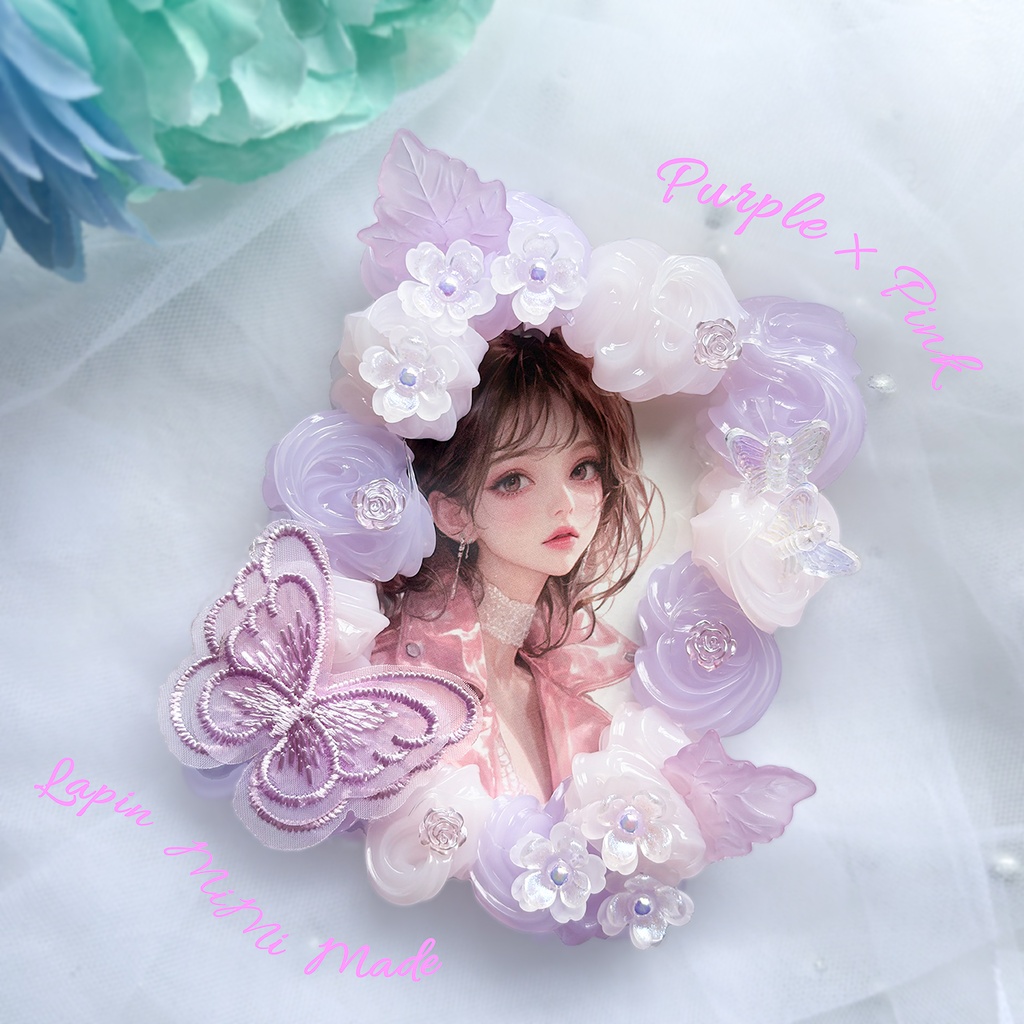 【受注製作】ピンク × パープル ホイップデコ 硬質トレカケース B8 レース 蝶 花 大人可愛い カード ケース チェキ