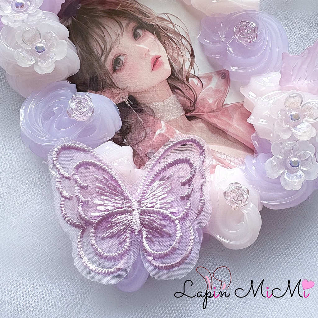 【受注製作】ピンク × パープル ホイップデコ 硬質トレカケース B8 レース 蝶 花 大人可愛い カード ケース チェキ