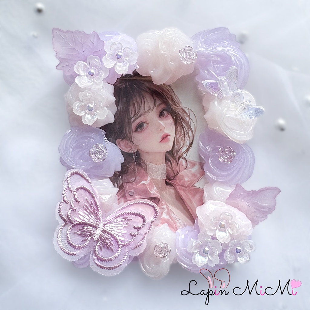 【受注製作】ピンク × パープル ホイップデコ 硬質トレカケース B8 レース 蝶 花 大人可愛い カード ケース チェキ