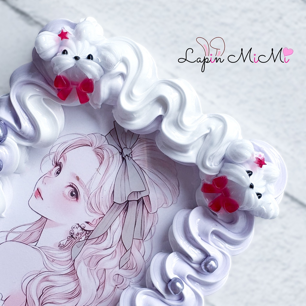 パープル 白 うねうね ホイップデコ トレカケース サテン リボン ホイップ犬 花 カード ケース