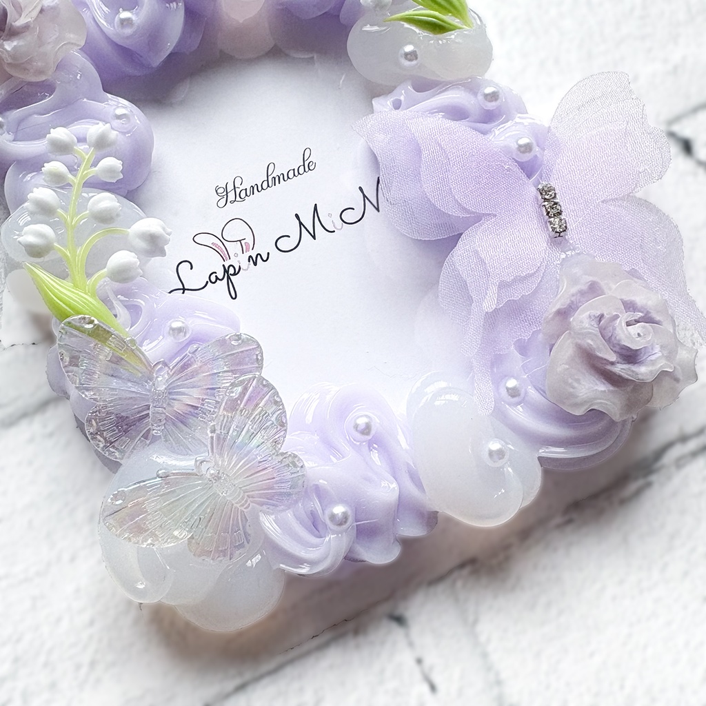 【受注製作】クリア × パープル ホイップデコ 硬質トレカケース B8 薔薇 シフォン 蝶 すずらん きれいな カード ケース