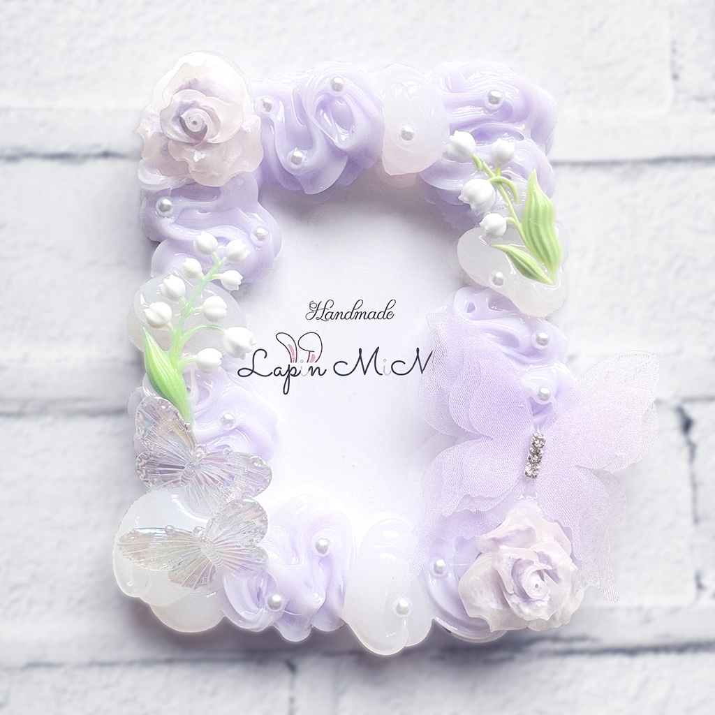 【受注製作】クリア × パープル ホイップデコ 硬質トレカケース B8 薔薇 シフォン 蝶 すずらん きれいな カード ケース