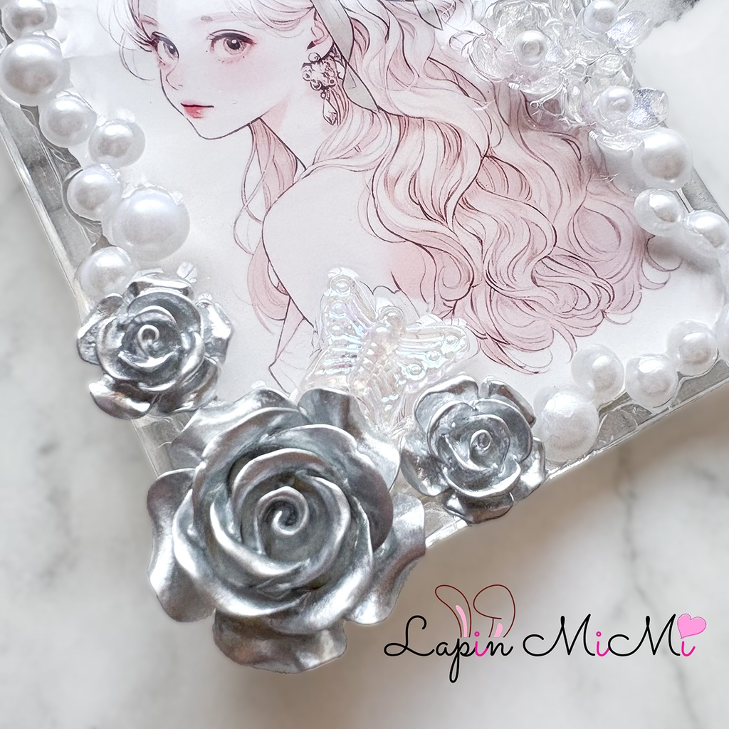 クリア レジン 硬質トレカケース キーホルダー マグネットジェル リボン シルバー 薔薇 白 カード バッグチャーム ケース
