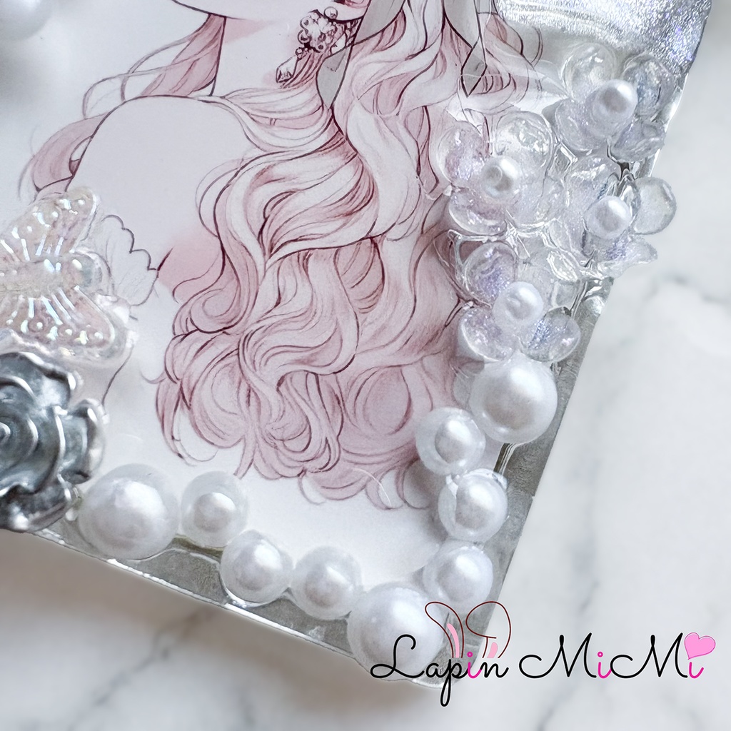 クリア レジン 硬質トレカケース キーホルダー マグネットジェル リボン シルバー 薔薇 白 カード バッグチャーム ケース