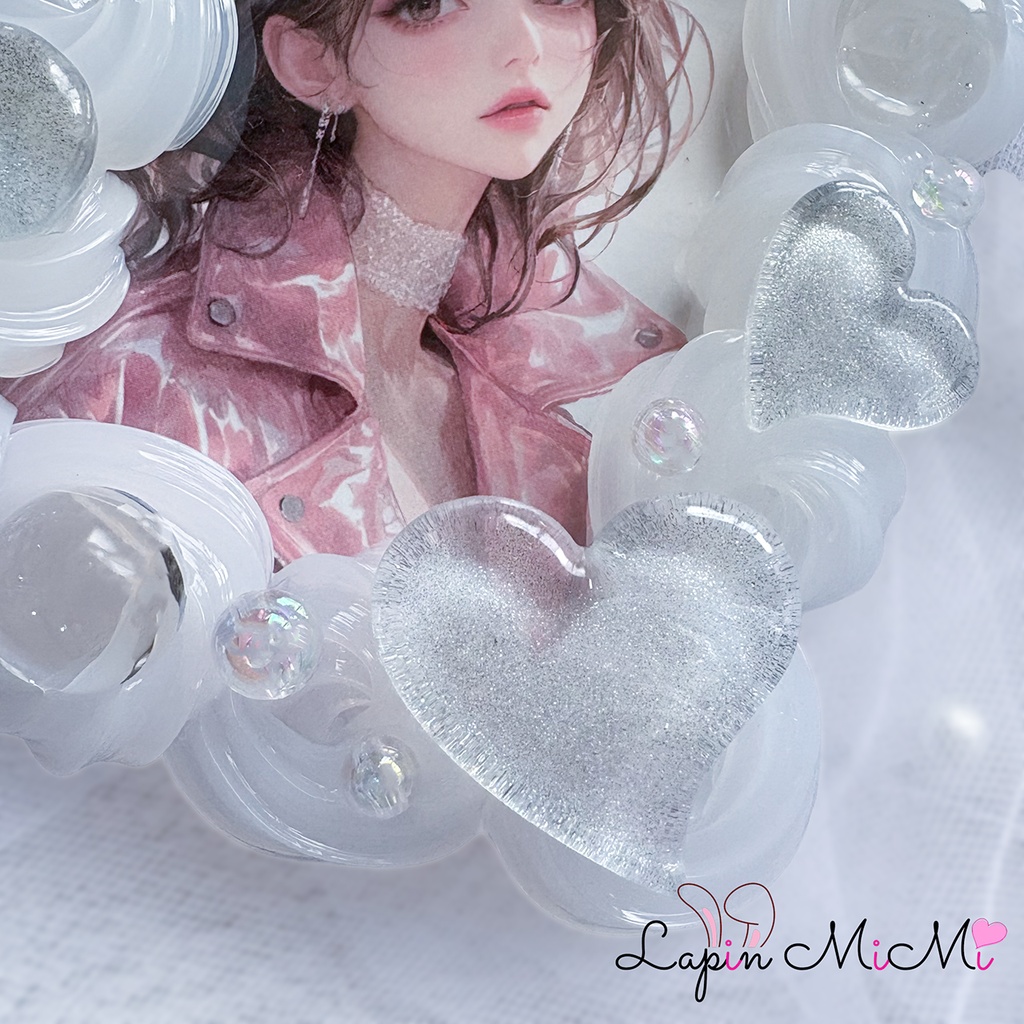 【受注製作】シルバー ラメ クリア ホイップデコ 硬質トレカケース B8 チェキ マグネット リボン ハート 上品 カード ケース